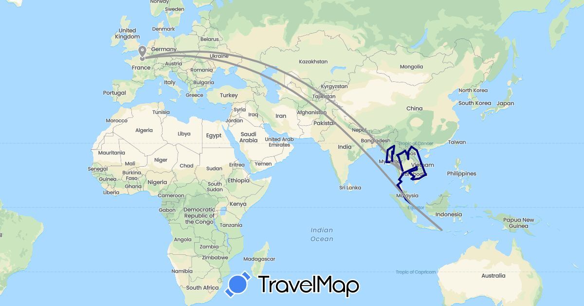 TravelMap itinerary: driving, plane in France, Indonesia, Cambodia, Laos, Myanmar (Burma), Malaysia, Singapore, Thailand, Vietnam (Asia, Europe)